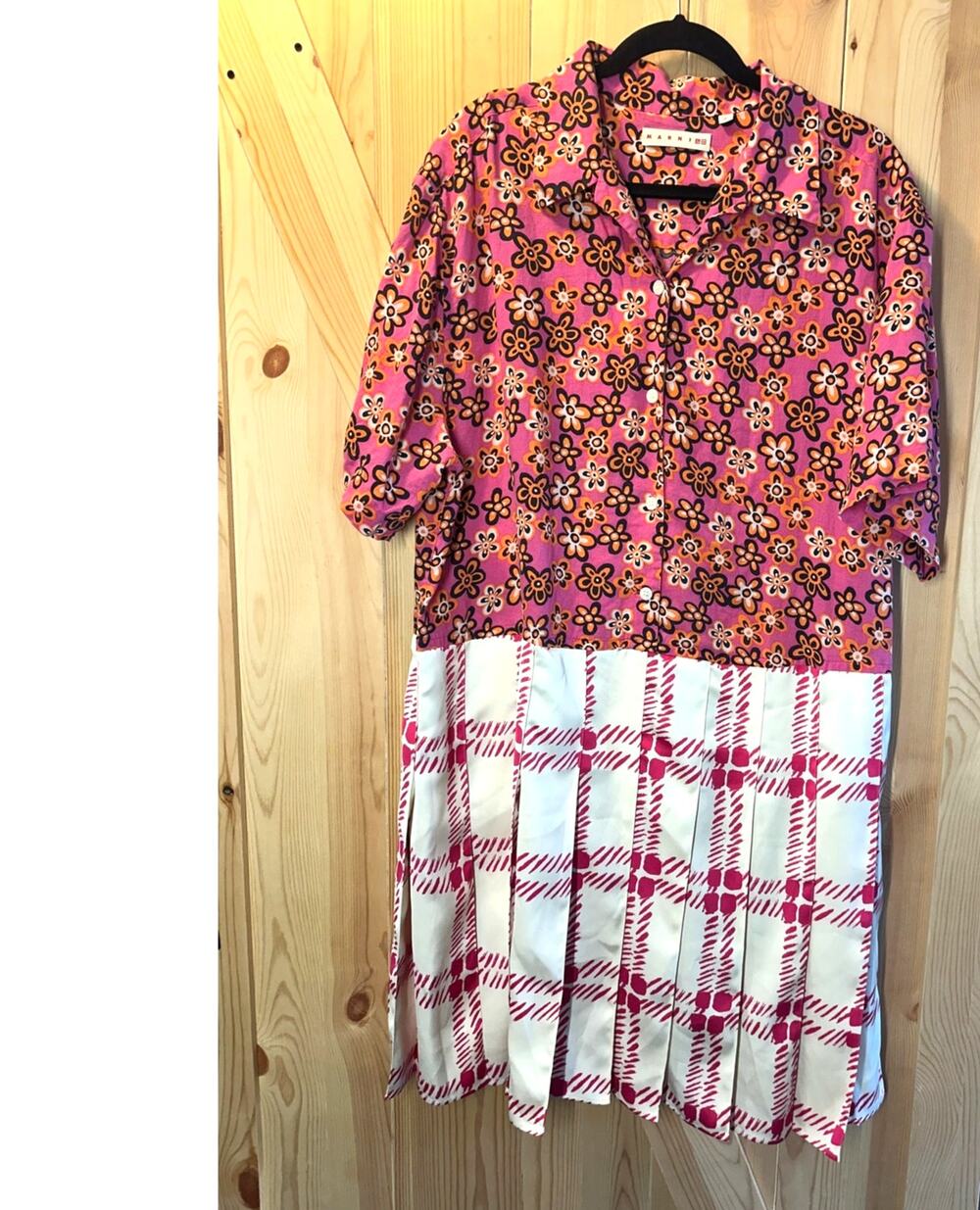 Uniqlo x MARNI Open Collar Pleated Midi Dress Pink Floral Plaid Size XL Rare